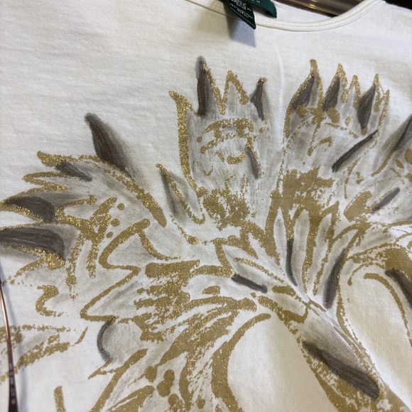Women’s Vintage Lauren Ralph Lauren XL White, Taupe & Gold Floral Tee - Picture 9 of 9